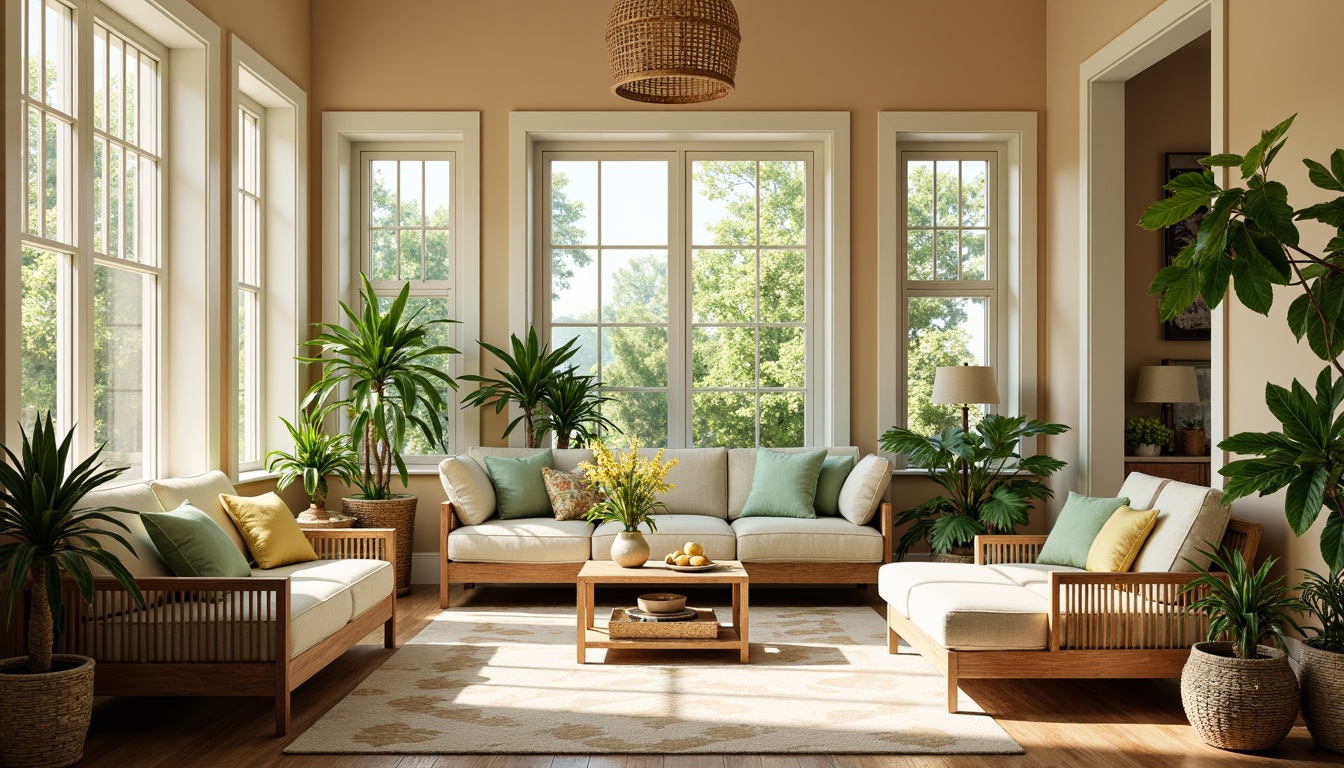 Prompt: Vibrant sunroom, bright natural light, warm beige walls, creamy white trim, soft sage green furniture, distressed wood accents, woven rattan baskets, lush potted plants, exotic flower arrangements, subtle citrus scents, calming ambiance, warm sunny day, shallow depth of field, 1/1 composition, softbox lighting, realistic textures, ambient occlusion.