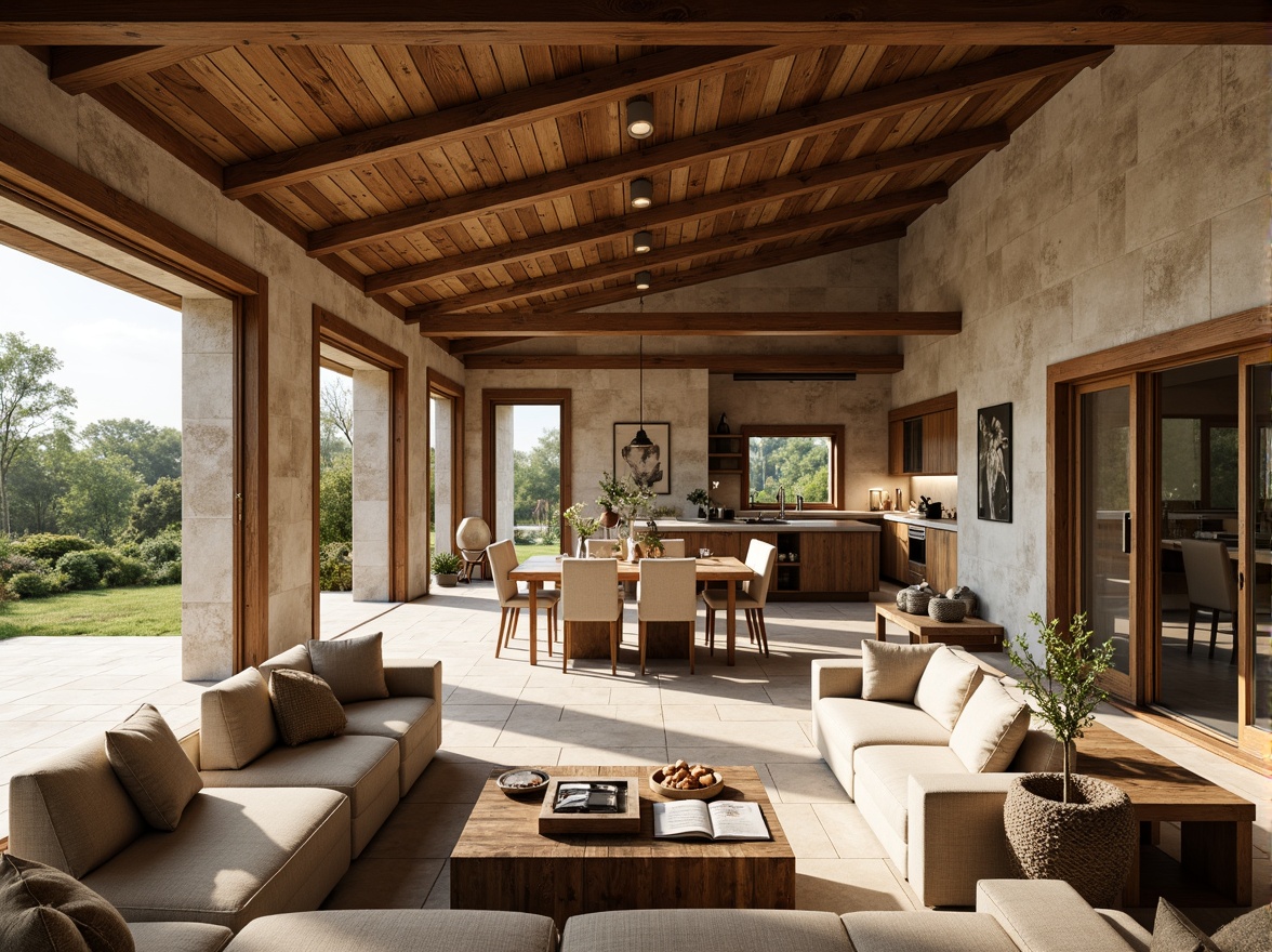 Prompt: Rustic pavilion, French country style, open floor plan, high ceilings, exposed wooden beams, stone walls, large windows, sliding glass doors, natural light, airy atmosphere, spacious living area, integrated kitchen, dining space, comfortable seating, warm earthy tones, soft warm lighting, shallow depth of field, 3/4 composition, panoramic view, realistic textures, ambient occlusion.