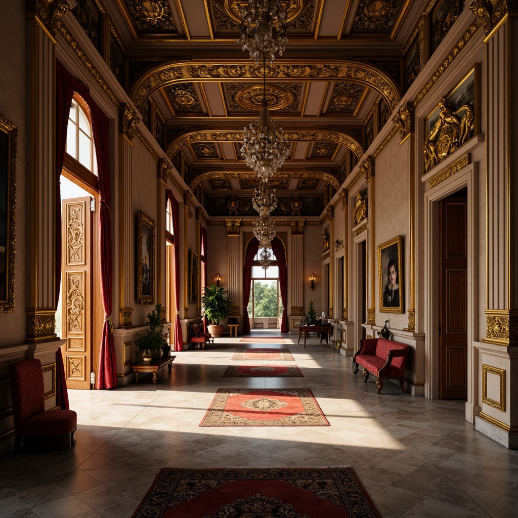 Prompt: Ornate palace, grandiose columns, intricately carved wooden doors, polished marble floors, lavish furnishings, velvet drapes, gilded frames, ornamental mirrors, crystal chandeliers, richly patterned rugs, warm golden lighting, dramatic shadows, high-contrast composition, detailed textures, realistic reflections, ambient occlusion.