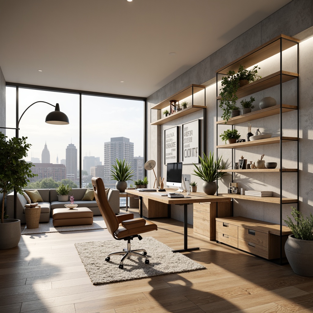 Prompt: Modern home office space, ergonomic chair, adjustable desk, minimalist shelving units, sleek metal legs, wooden accents, natural textures, calming color palette, task lighting, floor-to-ceiling windows, cityscape view, subtle patterns, comfortable seating area, greenery, potted plants, motivational quotes, inspirational artwork, soft warm glow, shallow depth of field, 1/1 composition, realistic rendering.