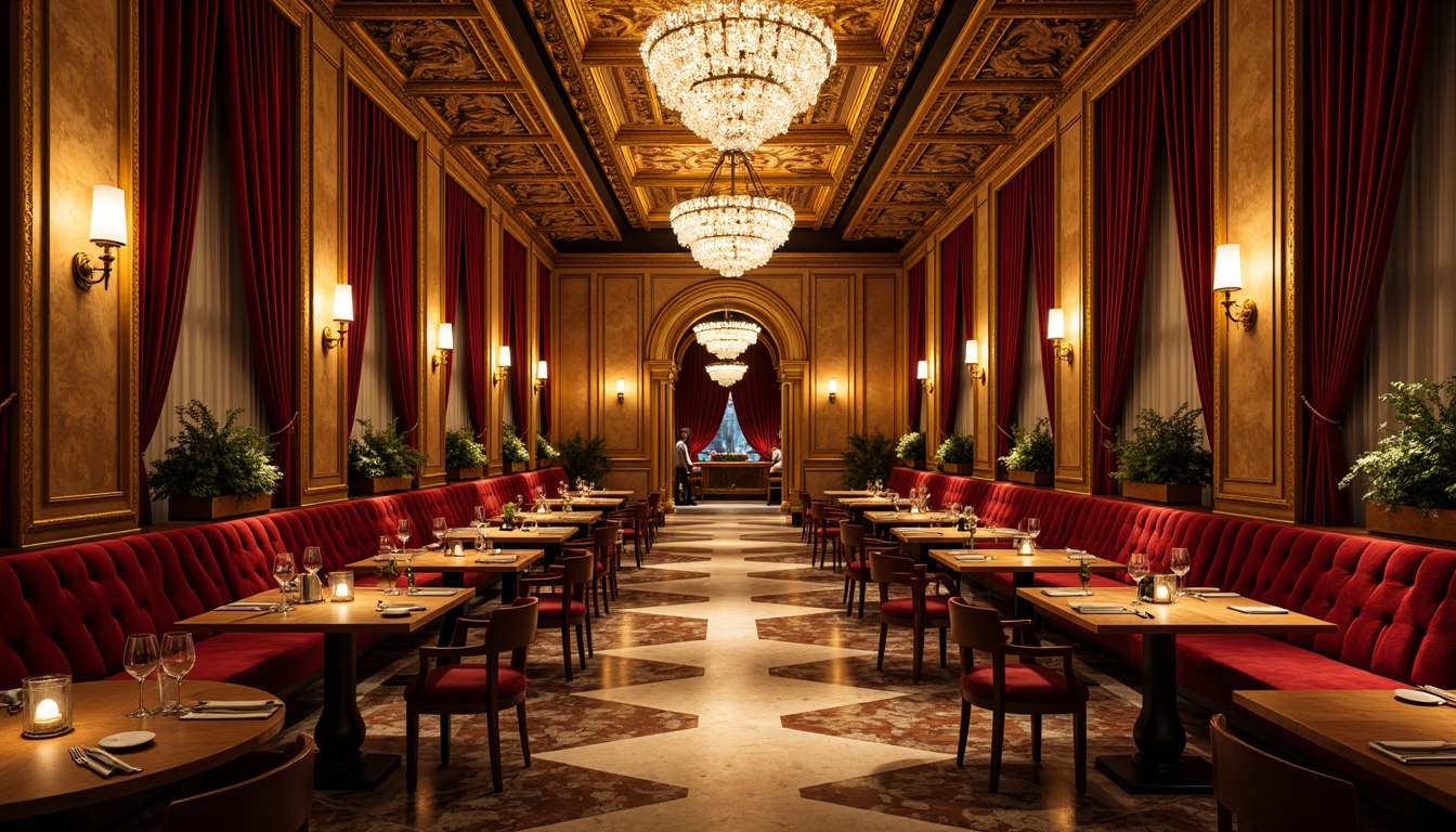 Prompt: Luxurious restaurant interior, rich velvet drapes, ornate gold accents, intricate marble patterns, warm golden lighting, lavish crystal chandeliers, plush crimson upholstery, elegant wooden paneling, refined bronze fixtures, sophisticated fresco ceilings, sumptuous curved lines, opulent tapestries, dramatic archways, grandiose columns, majestic high ceilings, soft warm glow, shallow depth of field, 2/3 composition, ornate frames, realistic textures, ambient occlusion.