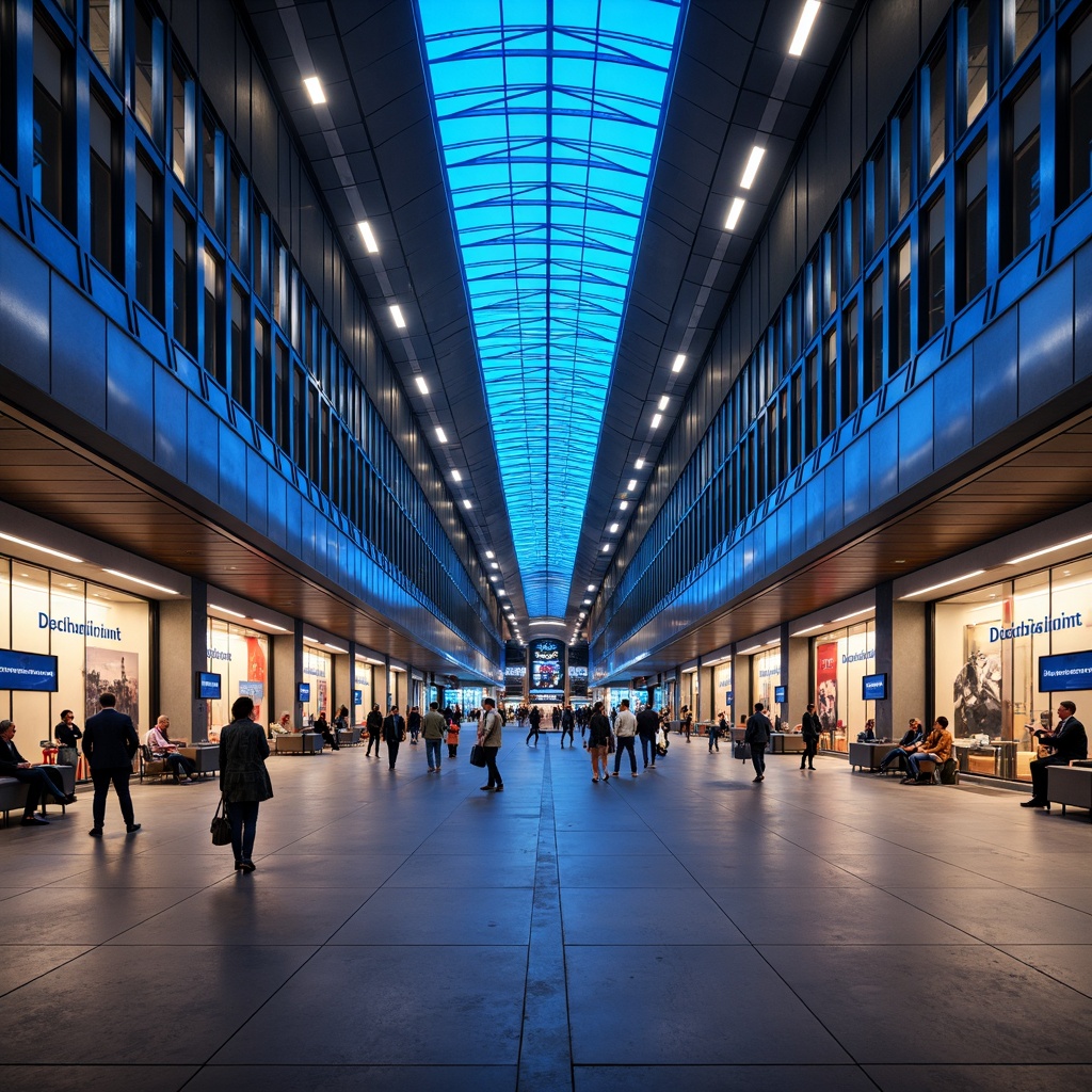 Prompt: Modern bus station, sleek metallic structures, curved lines, vibrant blue hues, bright LED lighting, polished concrete floors, urban cityscape, bustling atmosphere, rush hour crowds, digital signage, electronic displays, comfortable seating areas, natural stone accents, wood grain textures, warm ambient lighting, shallow depth of field, 1/2 composition, panoramic view, realistic materials, subtle gradient effects.