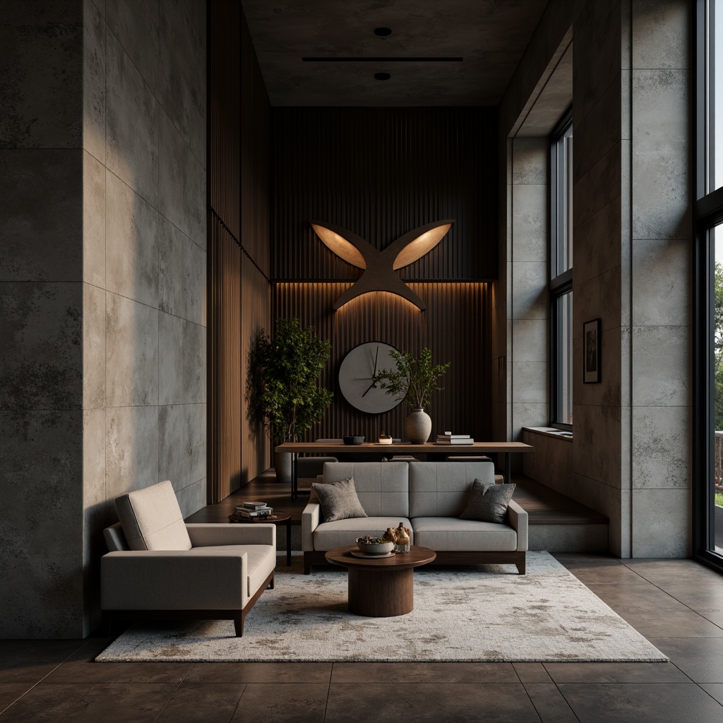 Prompt: Monochromatic interior space, sleek lines, minimal ornamentation, contrasting textures, rough-hewn wood accents, smooth matte surfaces, industrial metal tones, soft velvet upholstery, subtle natural patterns, ambient warm lighting, shallow depth of field, 2/3 composition, realistic reflections, atmospheric glow.