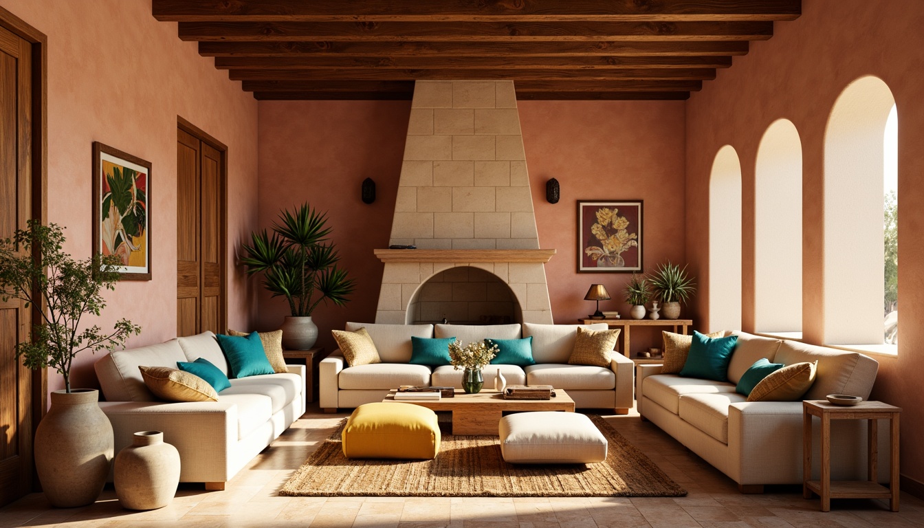 Prompt: Warm Mediterranean family room, earthy terracotta walls, soft beige furniture, rich walnut wood accents, comfortable plush sofas, vibrant turquoise throw pillows, golden yellow ottomans, rustic ceramic vases, natural jute rugs, sunny afternoon lighting, shallow depth of field, 1/1 composition, realistic textures, ambient occlusion.