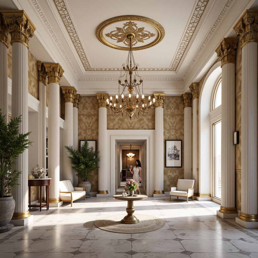 Prompt: Neoclassical interior, grand chandelier, ornate moldings, marble floors, velvet drapes, gilded frames, rich wood tones, creamy whites, soft beiges, pale blues, muted golds, warm neutrals, luxurious fabrics, intricate patterns, opulent textures, dramatic lighting, high ceilings, symmetrical compositions, 1/1 aspect ratio, realistic renderings, subtle ambient occlusion.