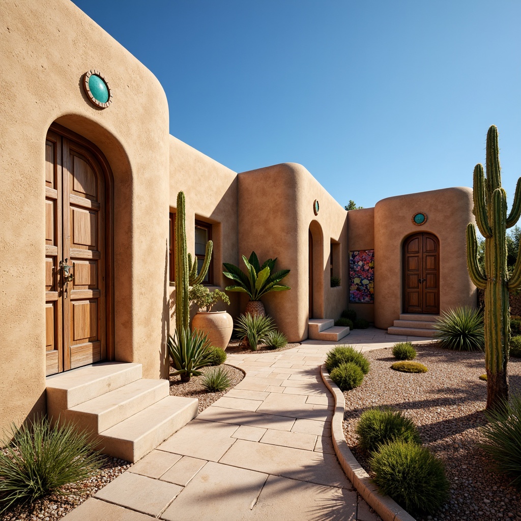 Prompt: Southwestern adobe architecture, earthy tones, warm beige stucco walls, curved lines, vibrant turquoise accents, rustic wooden doors, ornate metalwork, colorful woven textiles, lush cacti gardens, arid desert landscape, clear blue skies, abundant natural light, shallow depth of field, 1/2 composition, panoramic view, realistic textures, ambient occlusion.