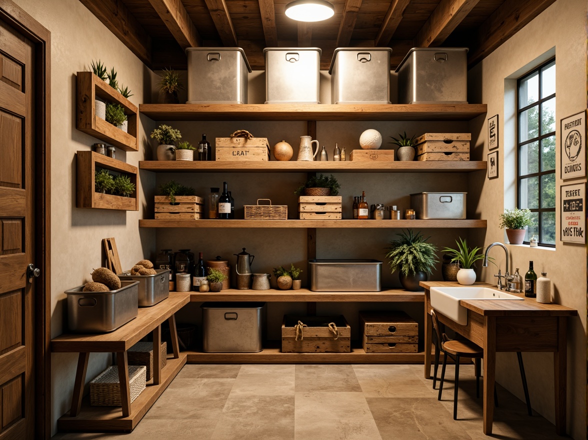 Prompt: Cozy storage room, warm beige walls, rustic wood shelves, metallic storage bins, soft warm lighting, industrial chic decor, distressed wooden crates, vintage metal signs, earthy tone floors, natural stone accents, subtle color contrasts, monochromatic scheme, minimal ornamentation, functional simplicity, organized clutter, calm atmosphere, serene ambiance.