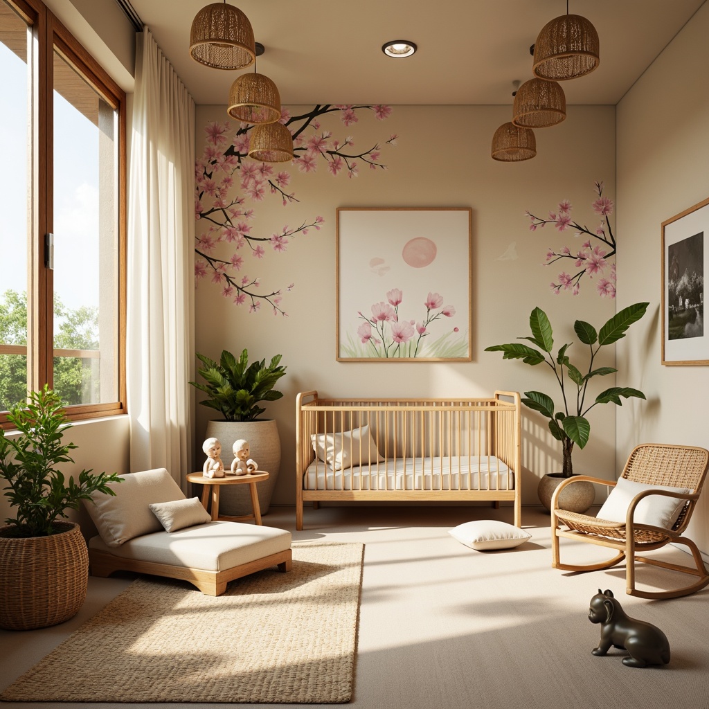 Prompt: Asian-inspired baby room, traditional Tatami mats, low-seating furniture, soft pastel colors, delicate cherry blossom patterns, hand-painted murals, gentle natural lighting, rice paper lanterns, woven bamboo cribs, plush toys, intricately carved wooden rocking chairs, serene Buddha statues, lush green plants, warm beige walls, minimal ornamentation, cozy reading nooks, subtle scents of incense, soft instrumental music, peaceful ambiance, 1/1 composition, warm color temperature, shallow depth of field.