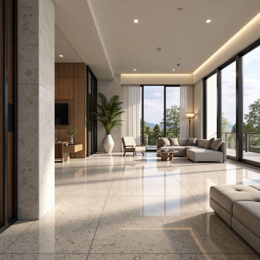 Prompt: Luxurious modern interior, sleek Terrazzo flooring, high-gloss finish, subtle stone patterns, silver metallic accents, minimalist design, open-plan living space, floor-to-ceiling windows, natural light pouring in, soft warm atmosphere, shallow depth of field, 1/1 composition, realistic textures, ambient occlusion.