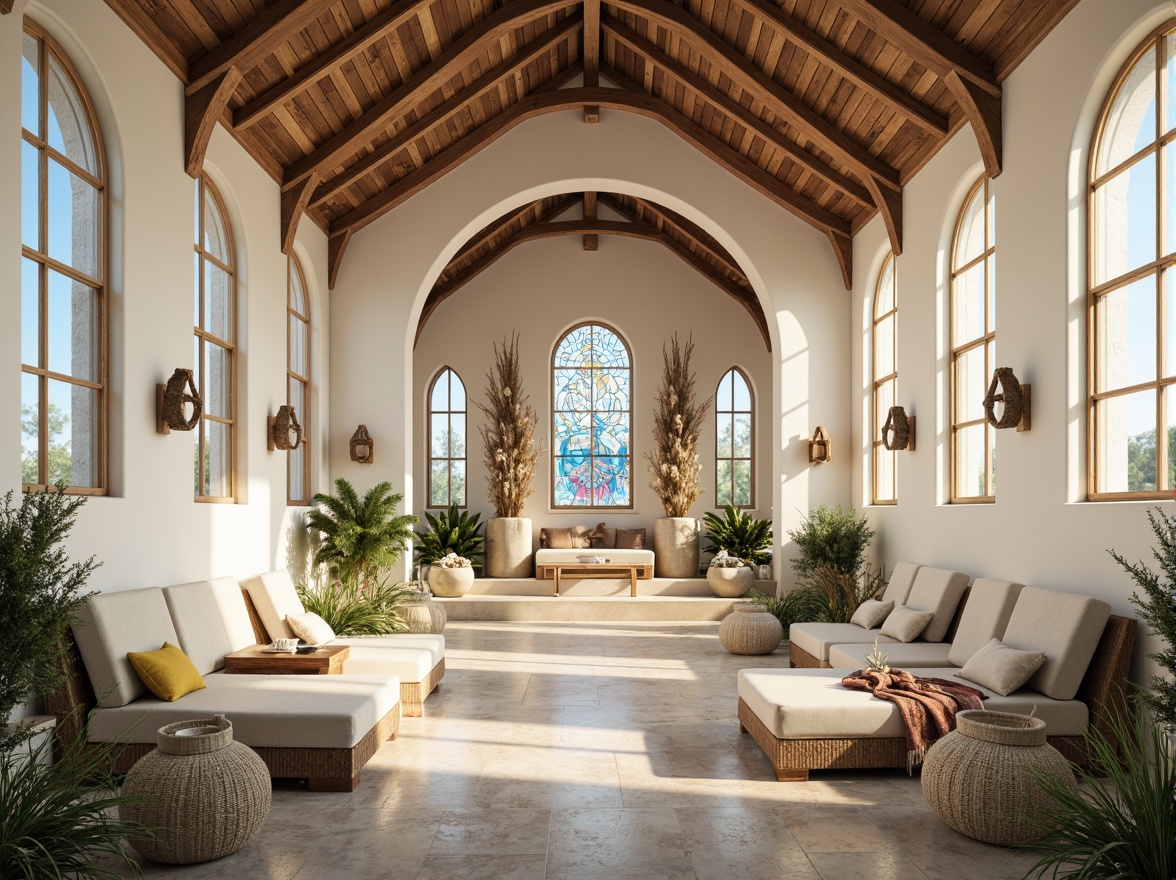 Prompt: Serene coastal chapel, soft creamy whites, calming blues, warm sandy neutrals, weathered wood accents, rustic stone walls, stained glass windows, nautical rope details, driftwood decor, ocean-inspired sculptures, gentle wave patterns, subtle shell textures, ambient natural light, warm golden lighting, shallow depth of field, 1/1 composition, realistic reflections, soft focus blur.