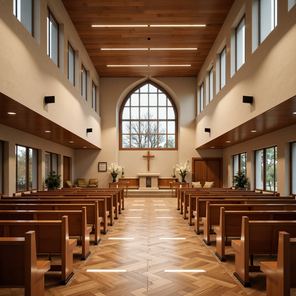 Prompt: Contemporary church interior, minimalist altar, polished wood floors, warm beige tones, soft ambient lighting, stained glass windows, modern pews, sleek metal accents, subtle patterns, acoustic panels, premium quality materials, sustainable eco-friendly options, herringbone parquet flooring, high-gloss finish, subtle texture variation, natural stone inlays, LED lit floor paths, dramatic ceiling heights, 1/1 composition, warm color palette, soft focus, realistic reflections.