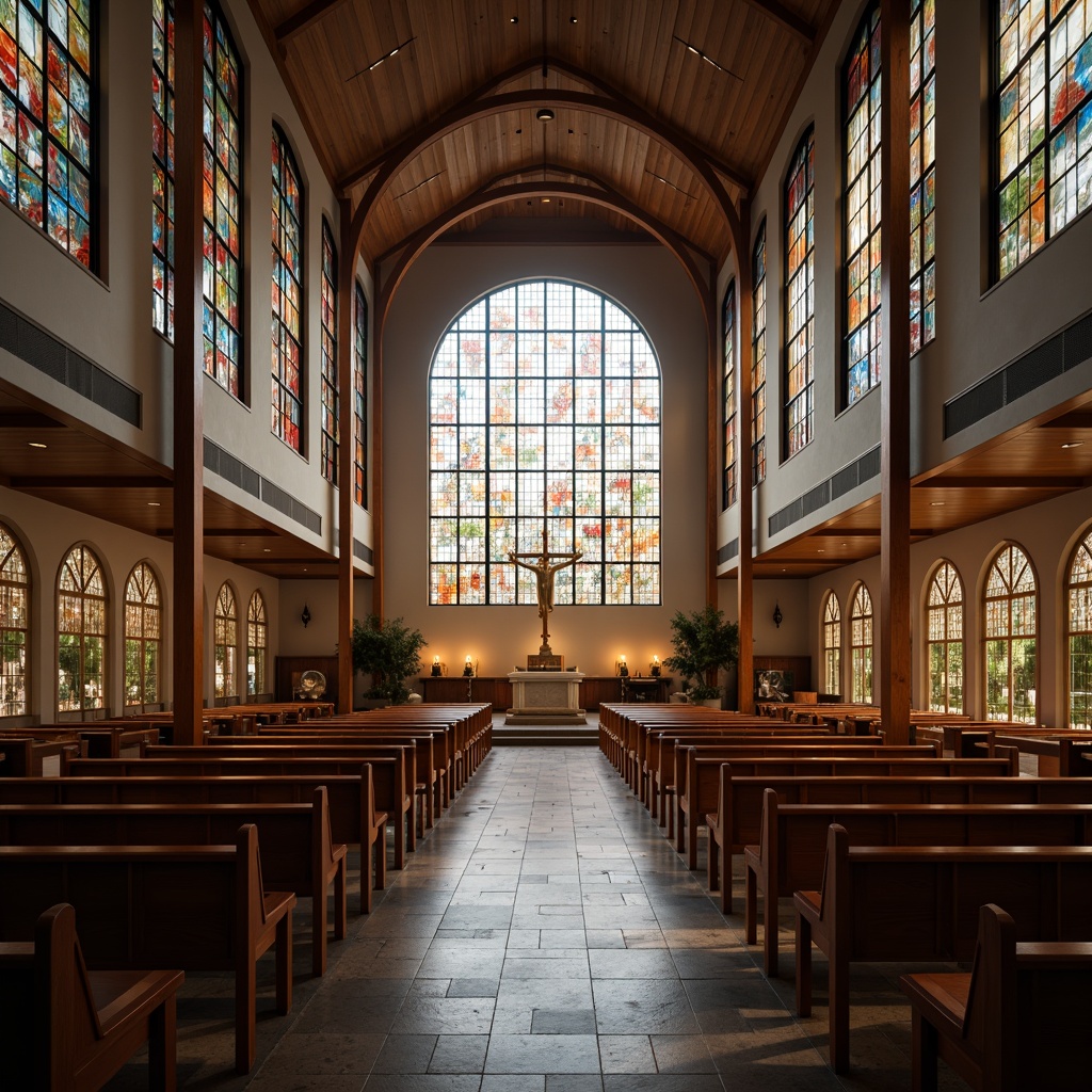 Prompt: Contemporary church interior, high ceilings, stained glass windows, soft warm lighting, subtle color temperatures, ambient occlusion, dramatic spotlights, LED candles, minimalist chandeliers, sleek metal fixtures, natural stone floors, wooden pews, spiritual atmosphere, peaceful ambiance, diffused illumination, 1/2 composition, low-key lighting, gentle shadows, realistic textures, sacred symbols, intricate architectural details.