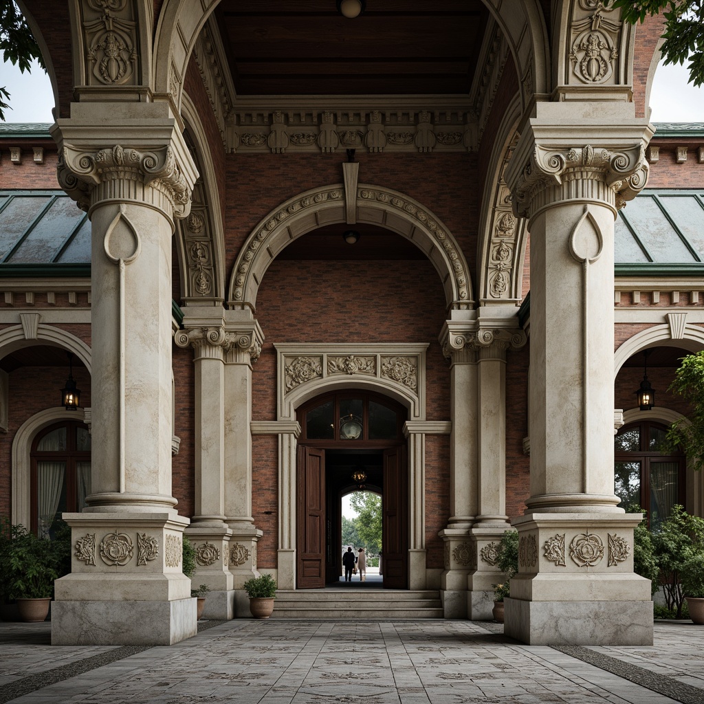 Prompt: Grandiose columns, ornate capitals, intricately carved details, rustic stone foundations, majestic arches, symmetrical facades, classical pediments, weathered copper roofs, aged brick walls, ornamental moldings, Baroque-inspired ornaments, dramatic lighting effects, shallow depth of field, 1/1 composition, realistic textures, ambient occlusion.