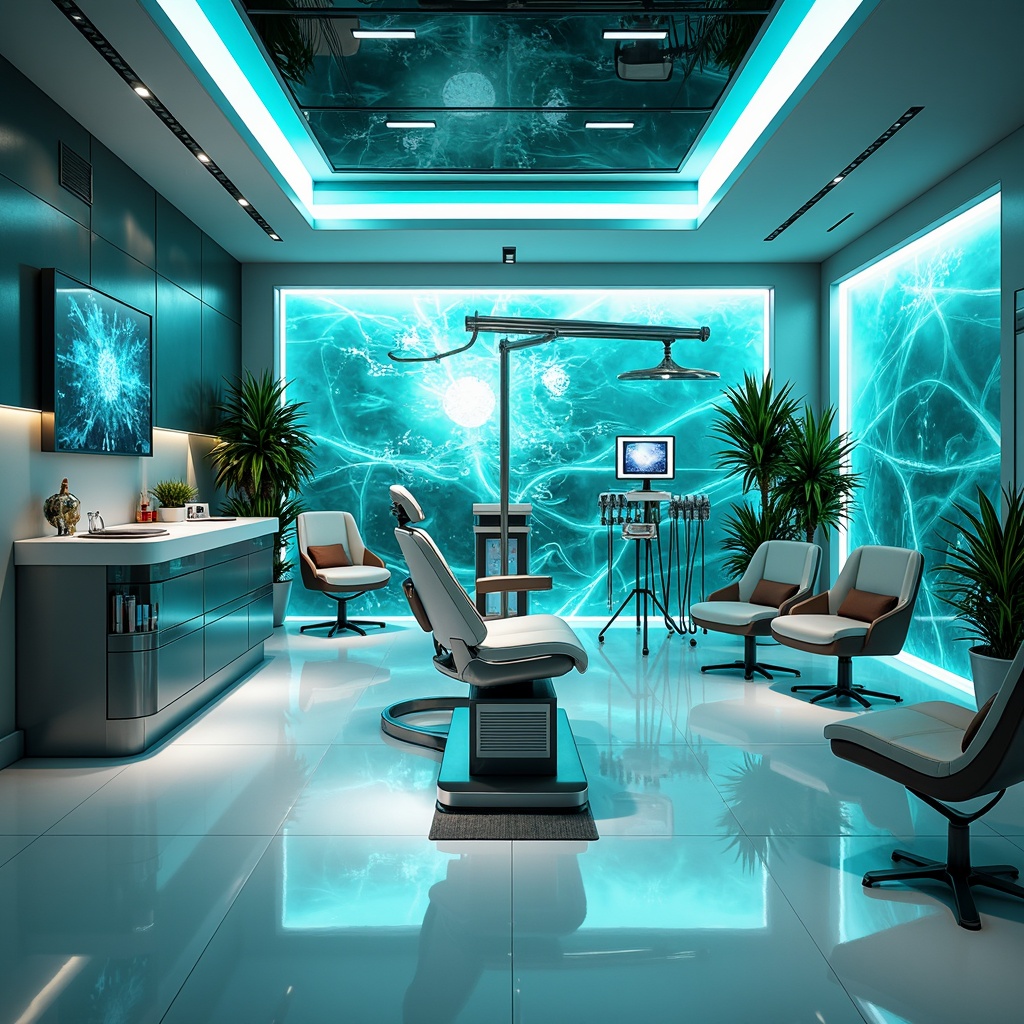 Prompt: Futuristic dental clinic, neon-lit reception area, sleek metallic surfaces, glossy white floors, minimalist waiting room, ergonomic chairs, holographic displays, virtual reality experiences, futuristic dentist's chair, advanced medical equipment, LED lighting systems, calming blue-green ambiance, sterilized stainless steel tools, glass partitions, ambient electronic music, 3D-printed decorations, abstract geometric patterns, vibrant electric blue accents, soft pulsing lights, shallow depth of field, 1/1 composition, realistic reflections.