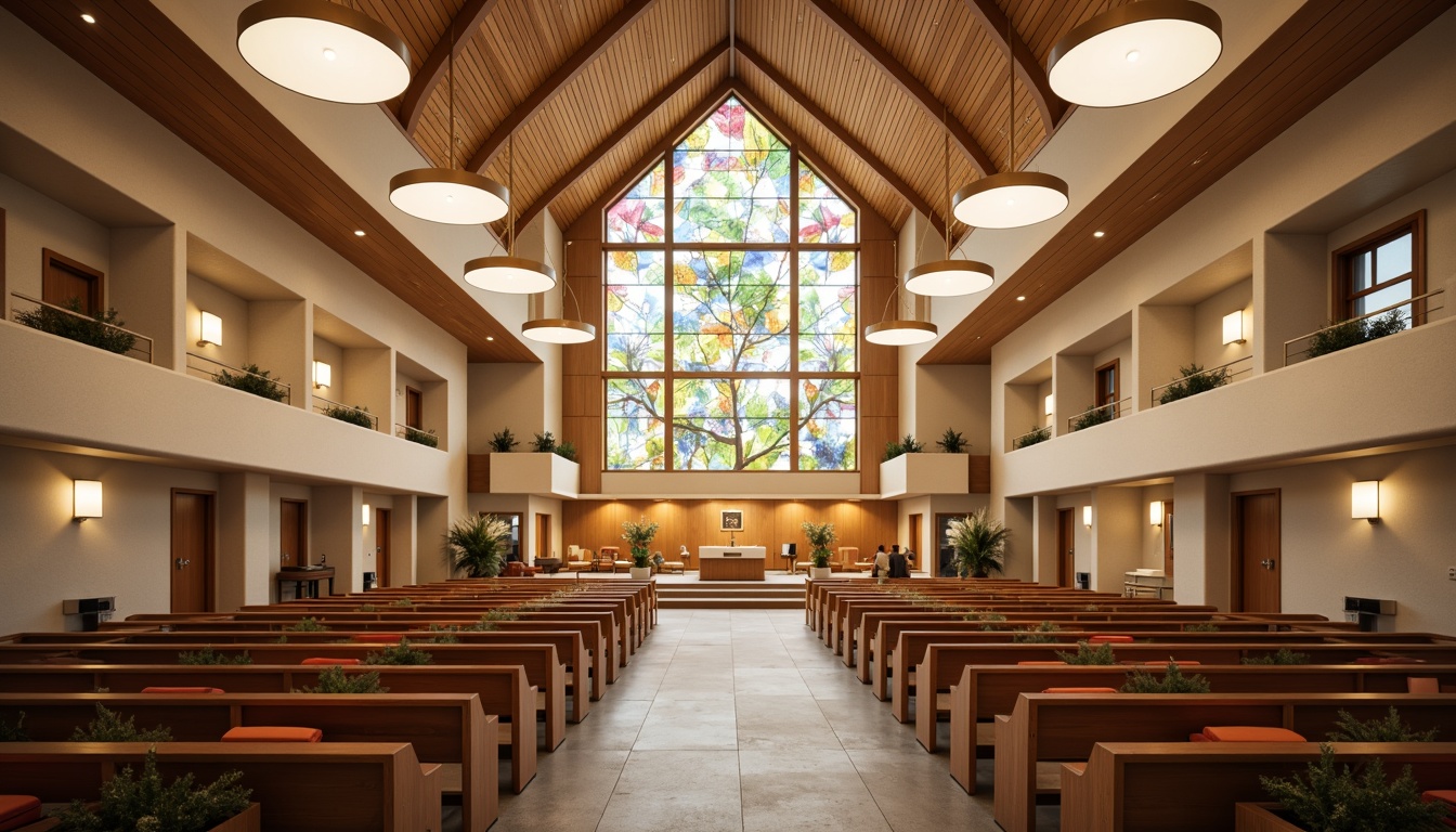 Prompt: Modern church interior, sleek wooden pews, minimalist altars, elegant chandeliers, abstract stained glass windows, warm beige walls, polished concrete floors, comfortable cushions, subtle lighting accents, geometric patterns, vibrant colored fabrics, innovative seating arrangements, circular gathering spaces, acoustic sound systems, intimate worship areas, natural material textures, earthy tone color palette, 1/2 composition, softbox lighting, realistic reflections.