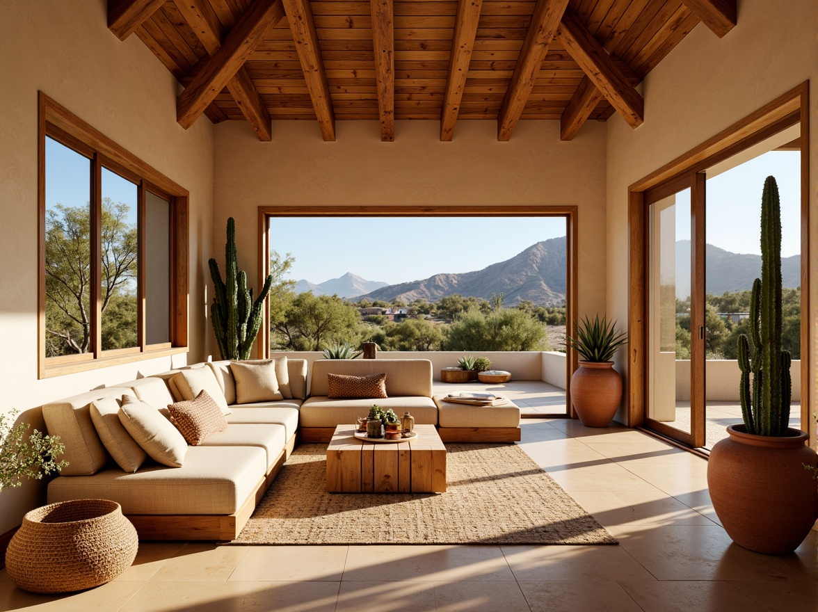 Prompt: Vibrant southwestern decor, warm beige walls, rustic wooden accents, natural linen fabrics, earthy terracotta pots, lush greenery, cacti plants, bright sunny day, large windows, sliding glass doors, minimal shading devices, soft diffused light, warm color temperatures, high ceilings, open floor plans, airy feel, organic textures, woven baskets, geometric patterned rugs, desert landscape views, distant mountain ranges, clear blue skies.