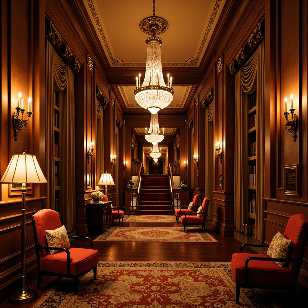 Prompt: Warm candlelit corridors, ornate chandeliers, rich wood accents, luxurious fabrics, intricate moldings, grand staircases, opulent furnishings, warm color schemes, soft diffused lighting, table lamps, floor lamps, pendant lights, LED ambient lighting, crystal drop fixtures, metallic finishes, dimmable switches, layered lighting design, cozy reading nooks, intimate seating areas, elegant banquet halls, refined conference rooms, sophisticated lobby spaces, subtle uplighting, dramatic downlighting, warm white lighting, energy-efficient solutions.