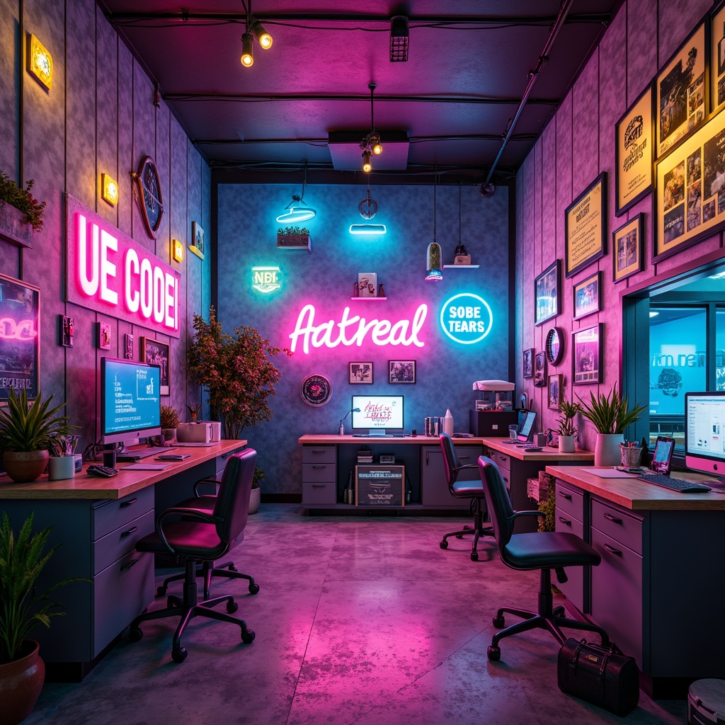 Prompt: Vibrant design studio, eclectic artwork, bold typography, pastel colors, neon accents, metallic finishes, intricate patterns, geometric shapes, futuristic ambiance, high-contrast lighting, shallow depth of field, 3/4 composition, panoramic view, realistic textures, ambient occlusion, richly saturated hues, iridescent sheen, luminous glow, soft warm lighting.