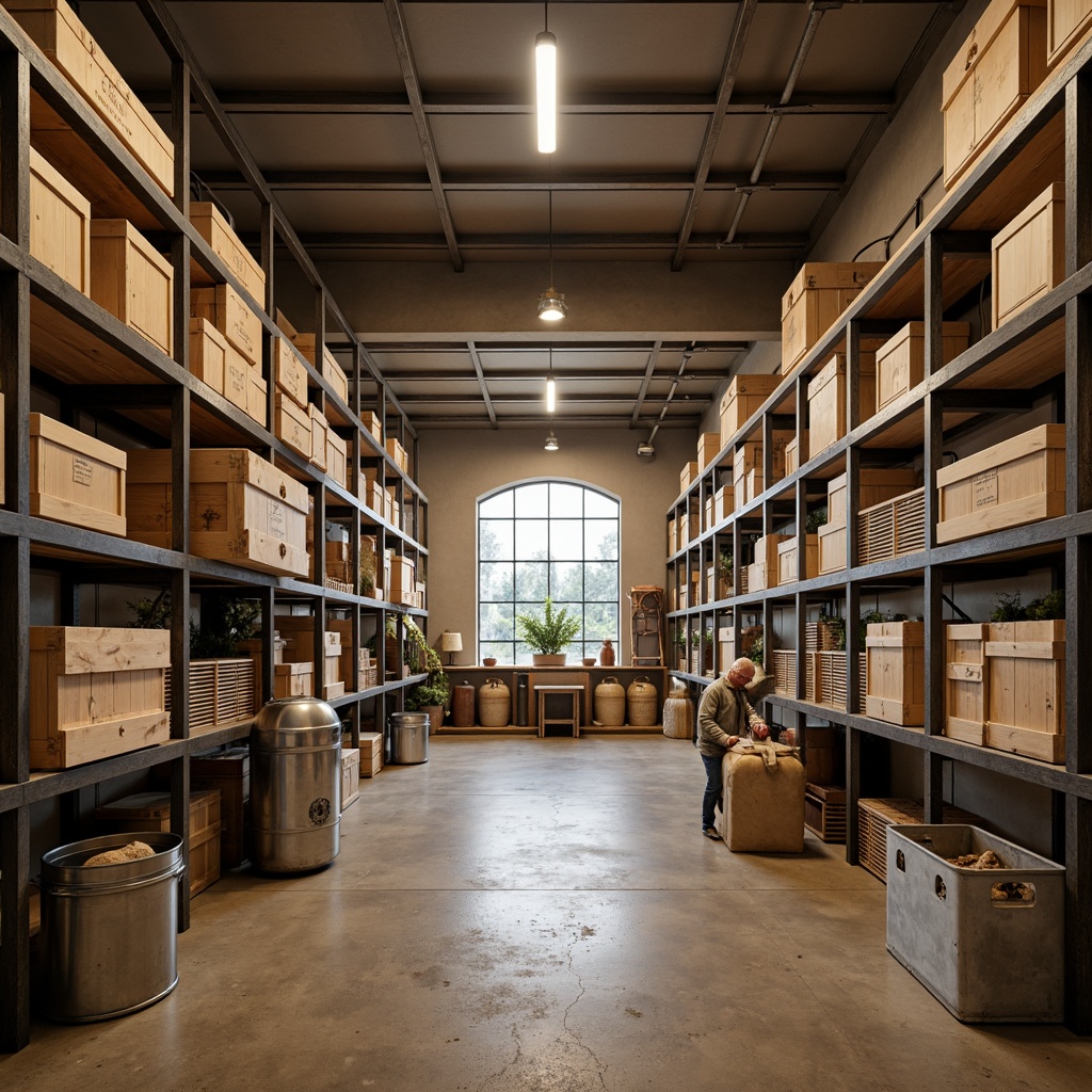 Prompt: Industrial storage room, metal shelving units, rustic wooden crates, galvanized steel bins, neutral beige walls, earthy brown floors, soft warm lighting, natural stone accents, modern minimalist decor, functional layout, 3/4 composition, shallow depth of field, realistic textures, ambient occlusion.