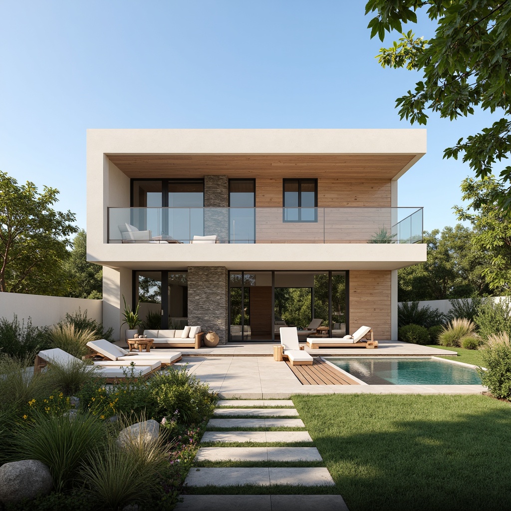 Prompt: Modern villa exterior, clean lines, minimalist aesthetic, neutral color palette, creamy whites, soft grays, taupe tones, earthy browns, bold accent walls, contrasting textures, natural stone cladding, wooden accents, large windows, sliding glass doors, lush greenery, tropical plants, sunny day, warm ambient lighting, shallow depth of field, 3/4 composition, panoramic view.