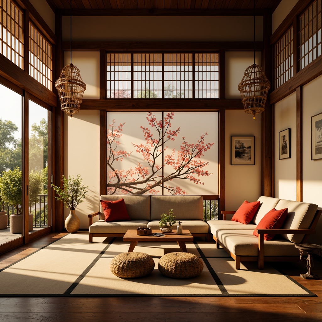 Prompt: Elegant shoji screens, intricately carved wooden furniture, vibrant silk fabrics, delicate paper lanterns, natural bamboo accents, minimalist low-seating sofas, traditional tatami mats, ornate ceramic vases, subtle cherry blossom patterns, warm golden lighting, shallow depth of field, 1/1 composition, realistic textures, ambient occlusion, serene atmosphere, soft warm colors, harmonious balance.