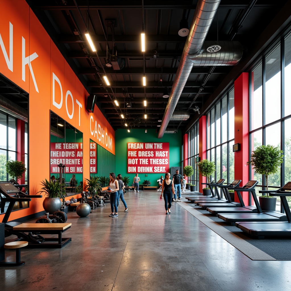 Prompt: Vibrant fitness area, bold color accents, energetic atmosphere, motivational quotes, industrial-style lighting, concrete floors, modern equipment, sleek metal frames, bold red and orange hues, invigorating green tones, dynamic blue shades, contrasting black and white accents, high ceilings, large mirrors, floor-to-ceiling windows, natural daylight, soft warm glow, 1/1 composition, realistic textures, ambient occlusion.