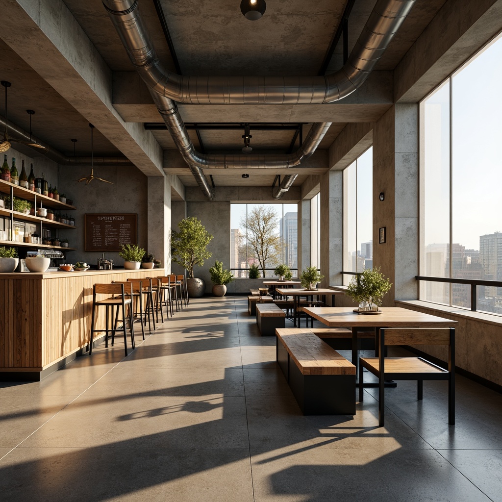 Prompt: Brutalist breakfast nook, industrial chic seating arrangement, concrete benches, steel chairs, reclaimed wood tables, minimalist decor, natural stone flooring, exposed ductwork, raw concrete walls, urban loft atmosphere, morning sunlight, soft warm lighting, shallow depth of field, 1/1 composition, symmetrical framing, realistic textures, ambient occlusion.