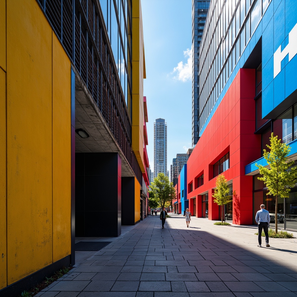 Prompt: Vibrant Bauhaus design, bold geometric shapes, primary color scheme, bright red accents, deep blue tones, yellow and black contrasts, clean lines, minimalist typography, industrial materials, metal textures, concrete structures, urban cityscape, sunny day, high contrast lighting, sharp shadows, 1/1 composition, symmetrical balance, modernist architecture, functional simplicity, decorative minimalism, abstract patterns, grid-based layout, bold color blocking.