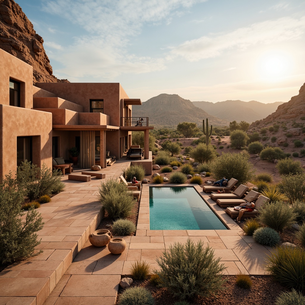 Prompt: Adobe earth tones, rustic wooden accents, natural stone walls, desert flora, vast open skies, warm sandy dunes, majestic cacti, modern Southwestern architecture, curved lines, organic shapes, vibrant turquoise hues, woven textiles, geometric patterns, earthy ceramics, spacious courtyards, shaded outdoor areas, dramatic sunset views, soft golden lighting, 1/1 composition, realistic rock formations, ambient occlusion.