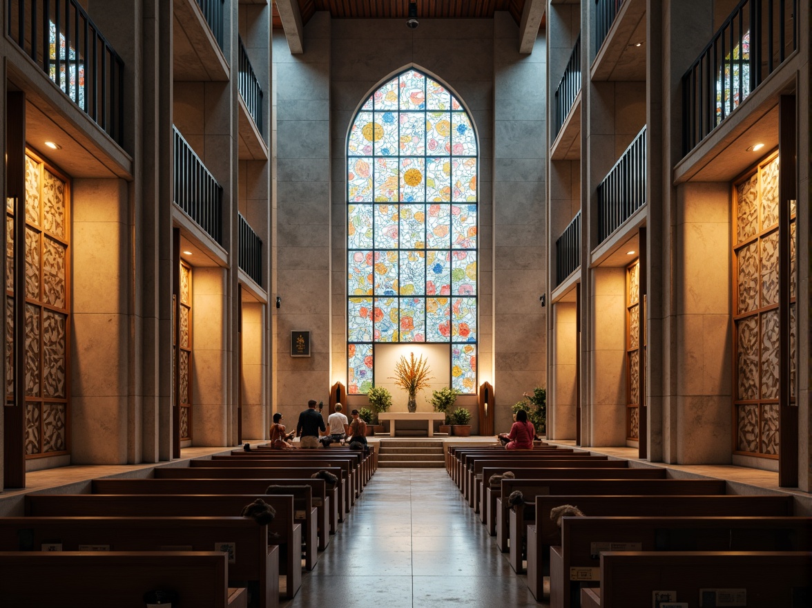 Prompt: Contemporary church interior, sleek stone walls, minimalist decor, stained glass windows, abstract geometric patterns, LED ambient lighting, polished wood accents, metallic frames, sacred symbols, subtle color palette, soft warm glow, shallow depth of field, 1/1 composition, realistic textures, atmospheric misting.