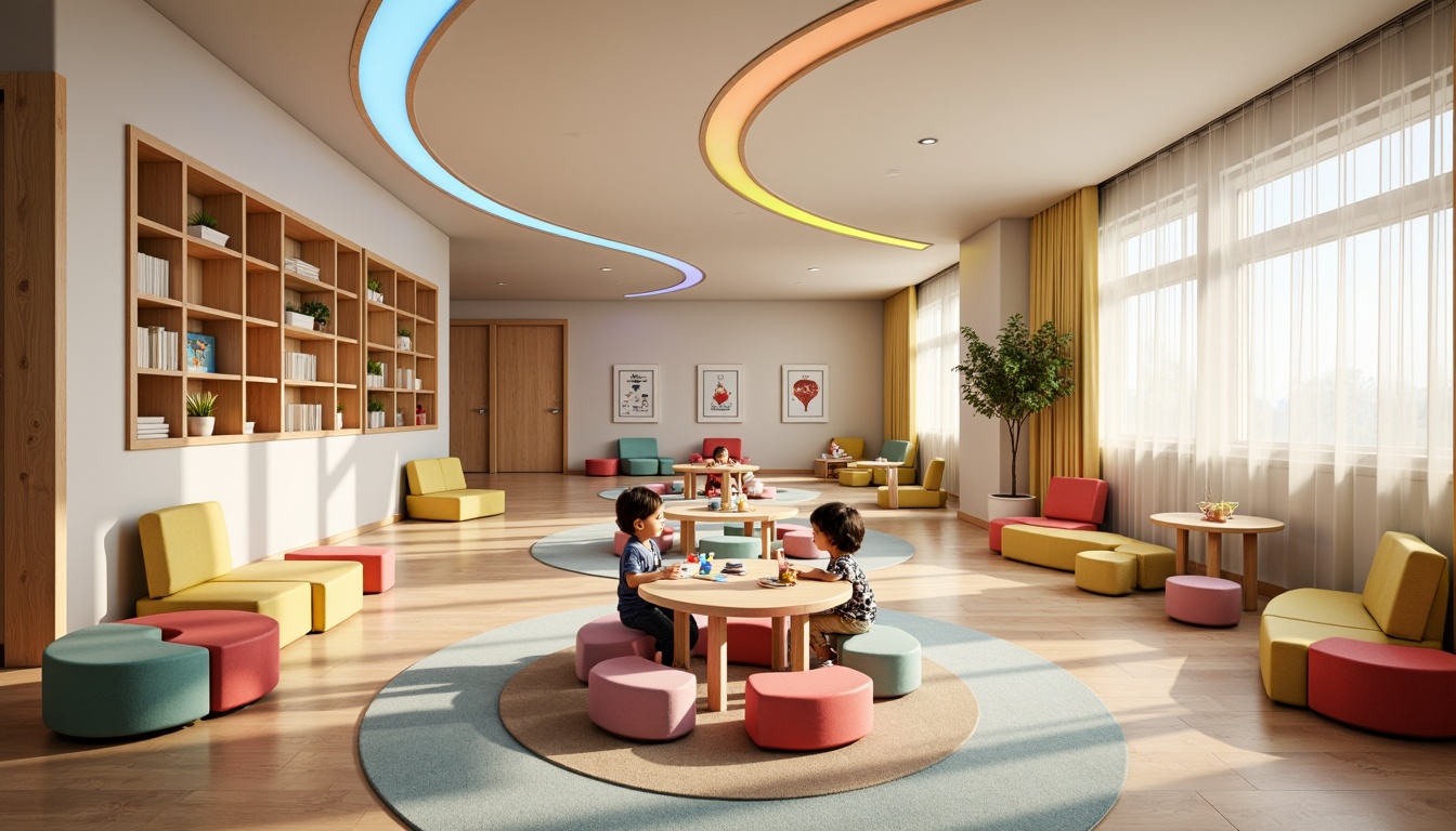 Prompt: Vibrant kindergarten interior, curved lines, playful shapes, soft pastel colors, wooden accents, minimalist decor, modern streamline furniture, rounded edges, cozy reading nooks, circular tables, ergonomic chairs, educational posters, interactive displays, whimsical lighting fixtures, pendant lamps, recessed ceiling lights, LED strips, color-changing ambiance, natural daylight, sheer curtains, textured rugs, acoustic panels, sound-absorbing materials, joyful atmosphere, soft warm glow, 1/1 composition, shallow depth of field.