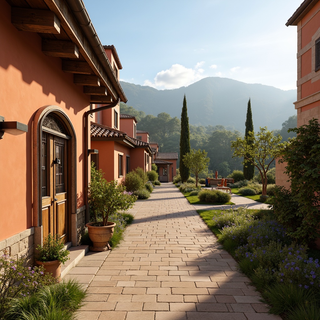 Prompt: Warm terracotta buildings, rustic stone walls, earthy brown roofs, vintage wooden doors, ornate ironwork, soft golden lighting, warm beige sidewalks, lush greenery, blooming wildflowers, serene Tuscan landscape, rolling hills, cypress trees, clear blue sky, gentle mist, shallow depth of field, 3/4 composition, realistic textures, ambient occlusion.