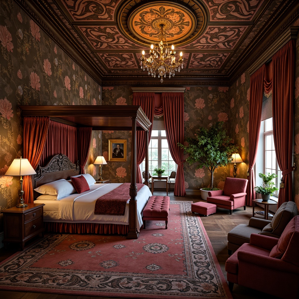 Prompt: Intricate floral patterns, rich velvet fabrics, ornate brocade textures, luxurious silk drapes, heavy tassel trimmings, antique wooden furniture, intricately carved decorations, grand chandeliers, opulent crystal drops, lavish tufted upholstery, stately four-poster beds, heavily draped windows, soft warm candlelight, shallow depth of field, 1/1 composition, realistic textures, ambient occlusion.