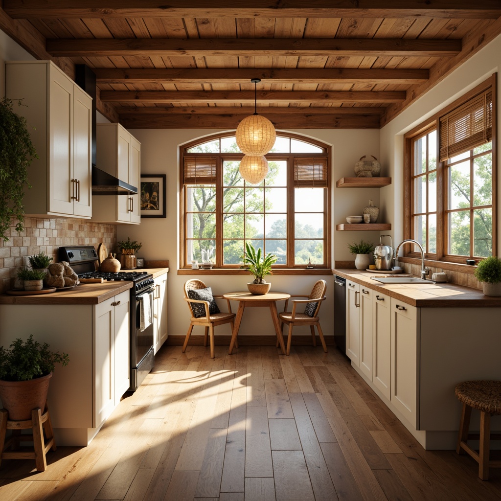 Prompt: Warm kitchen ambiance, hardwood floors, rich wood grain, soft warm lighting, natural stone countertops, creamy white cabinets, earthy tone backsplash, matte black appliances, pendant lamps, greenery accents, woven basket storage, cozy breakfast nook, large windows, gentle morning sunlight, shallow depth of field, 1/1 composition, realistic textures, ambient occlusion.