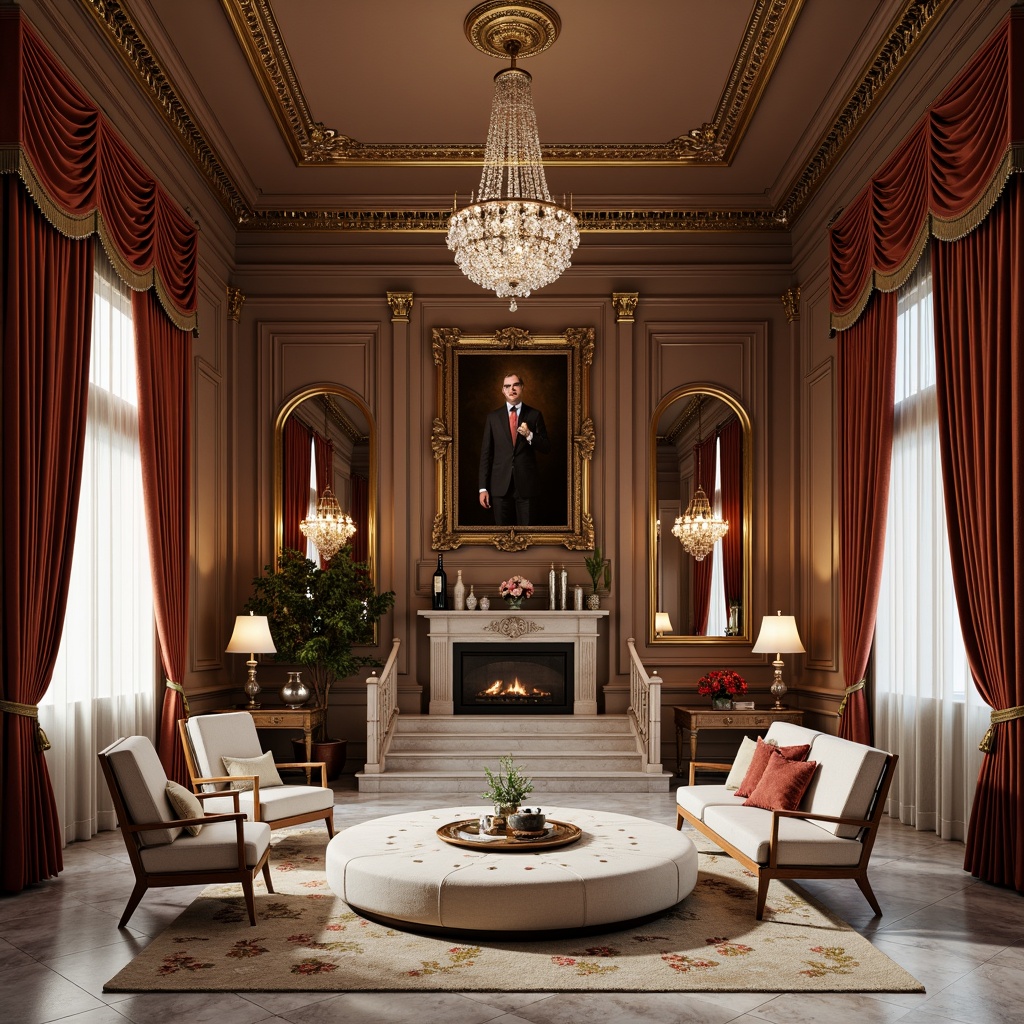 Prompt: Elegant classic interior, symmetrical composition, ornate moldings, rich wood tones, luxurious fabrics, velvet drapes, crystal chandeliers, marble floors, intricate patterns, gilded accents, subtle color palette, warm soft lighting, dramatic ceiling heights, grandiose staircases, ornamental mirrors, refined furniture silhouettes, classical proportions, balanced harmony, serene ambiance.