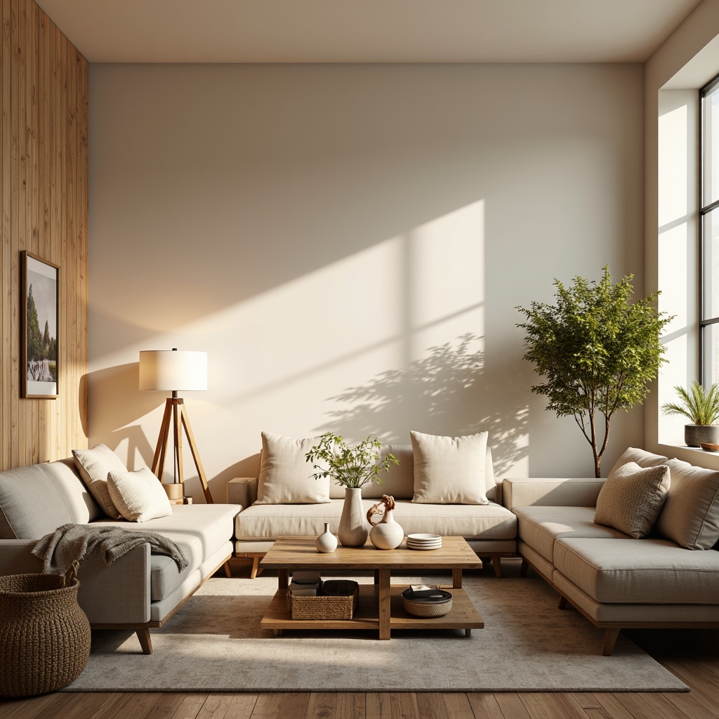 Prompt: Cozy living room, minimalistic decor, soft warm glow, table lamps, floor lamps, pendant lights, natural wood accents, light beige walls, comfortable sofas, throw blankets, rustic wooden tables, woven baskets, greenery, plants, Nordic-inspired vases, subtle pastel colors, gentle shadows, softbox lighting, 1/1 composition, realistic textures, ambient occlusion.