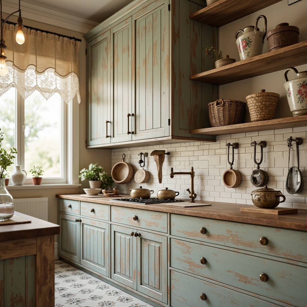 Prompt: Distressed wooden cabinetry, soft pastel colors, vintage metal hardware, ornate ceramic knobs, floral patterned tiles, rustic woven baskets, lace trimmed curtains, natural light pouring in, warm beige walls, decorative antique irons, distressed wood shelves, elegant chandeliers, delicate porcelain vases, worn leather straps, aged bronze fixtures, subtle texture overlays, realistic fabric simulations, shallow depth of field, 1/1 composition, soft focus effect.