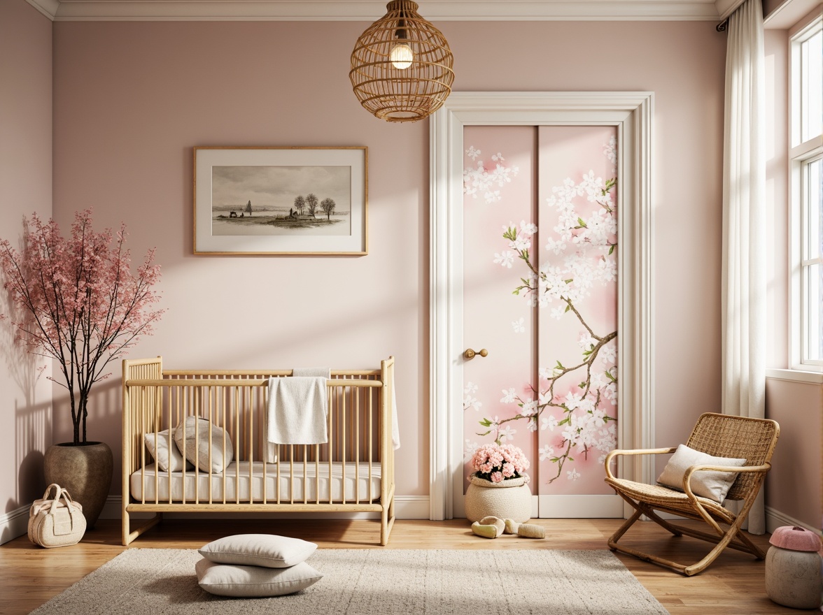 Prompt: Soft cherry blossom pink, creamy whites, warm beige, gentle sage green, subtle gold accents, delicate chinoiserie patterns, hand-painted murals, traditional Japanese sliding doors, natural wood crib, plush area rug, woven bamboo furniture, serene lantern lighting, gentle sunrise ambiance, shallow depth of field, 1/2 composition, warm soft focus, realistic textures.