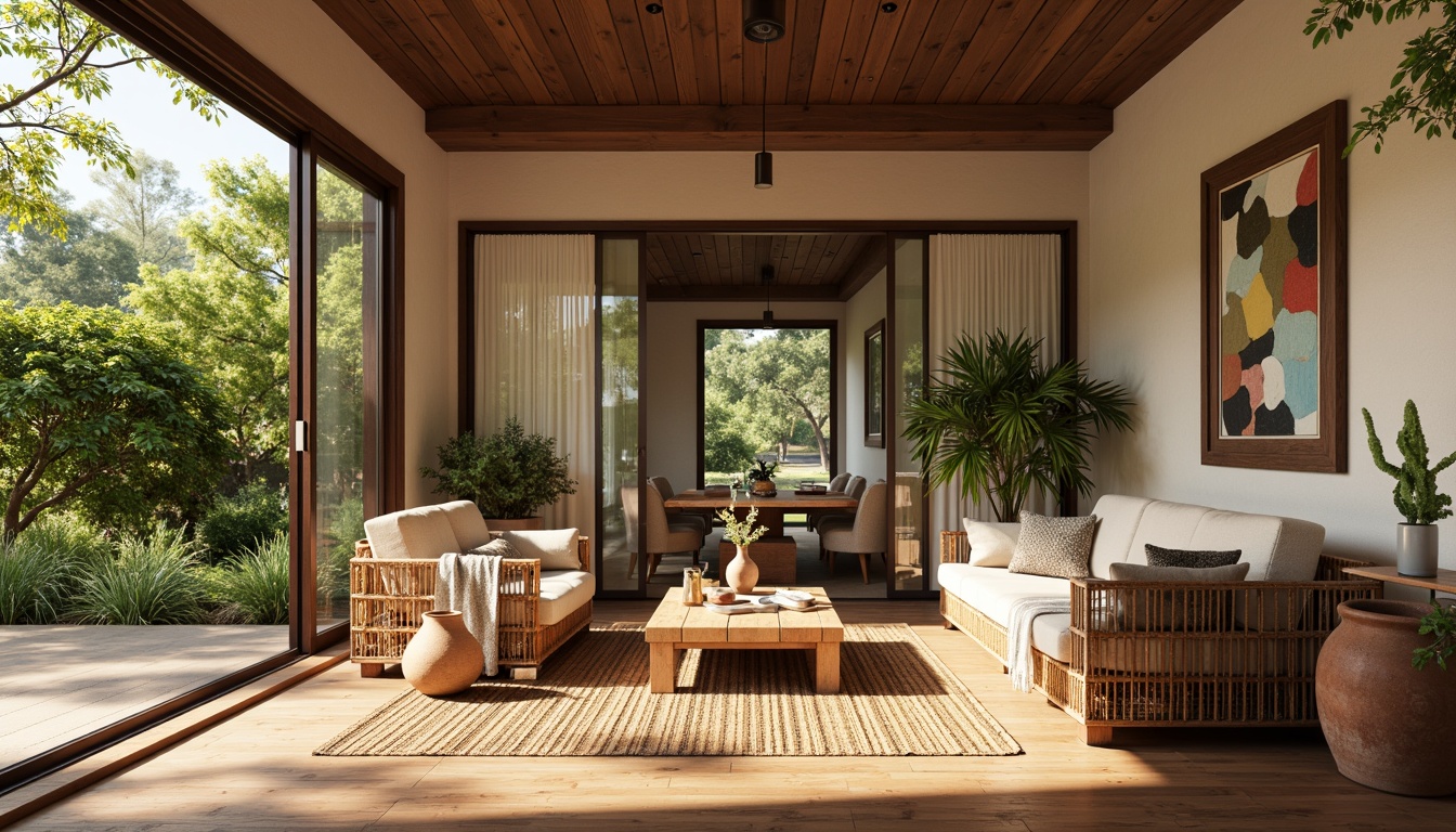 Prompt: Rustic wooden floors, woven wicker furniture, natural linen upholstery, earthy terracotta planters, organic shaped ceramics, warm beige walls, large glass windows, sliding doors, lush greenery views, abstract geometric patterns, vintage decorative accents, cozy throw blankets, soft warm lighting, 1/1 composition, shallow depth of field, realistic textures, ambient occlusion.