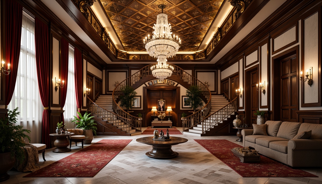 Prompt: Opulent mansion, lavish decorations, marble flooring, crystal chandeliers, velvet drapes, ornate furnishings, intricate moldings, high-gloss wood panels, metallic accents, luxurious textiles, plush carpets, grand staircase, dramatic lighting, cinematic views, 1/1 composition, softbox illumination, realistic reflections.