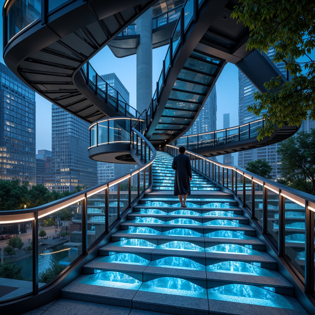 Prompt: Futuristic staircase, spiral shape, metallic materials, neon lighting, holographic railings, glass floors, minimalist design, sleek lines, angular shapes, LED step lights, futuristic handrails, high-tech ambiance, urban cityscape, towering skyscrapers, 3/4 composition, low-key lighting, shallow depth of field, realistic reflections, ambient occlusion.