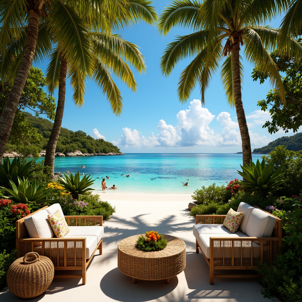 Prompt: Exotic island setting, lush green palm trees, vibrant floral patterns, woven rattan furniture, natural wicker accents, tropical leaf-inspired wallpaper, warm sandy beaches, crystal-clear turquoise waters, coral reefs, colorful fish swimming, sunny day with soft warm lighting, shallow depth of field, 3/4 composition, panoramic view, realistic textures, ambient occlusion.