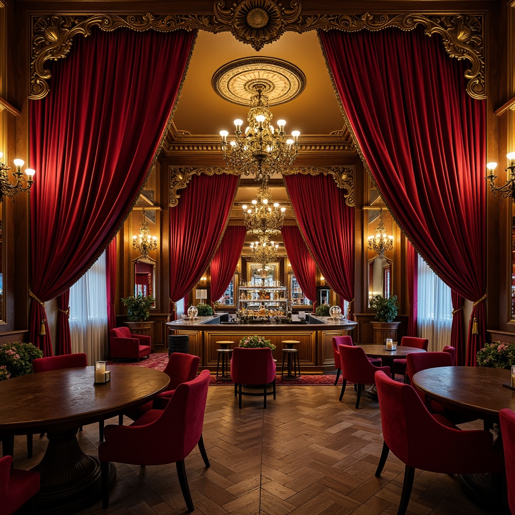 Prompt: Luxurious bar, rich velvet drapes, ornate gold accents, intricate wooden carvings, grand chandeliers, lavish furnishings, opulent textiles, Victorian-era inspired architecture, detailed moldings, stately columns, regal atmosphere, warm candlelight, shallow depth of field, 1/1 composition, realistic textures, ambient occlusion.