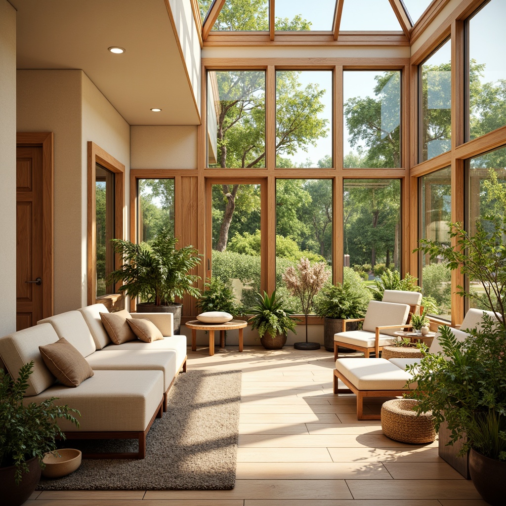 Prompt: Vibrant sunroom interior, warm beige walls, soft cream furniture, natural wood accents, lush greenery, blooming flowers, bright sunny day, large skylights, modern minimalist decor, sleek metal frames, cozy throw blankets, plush area rugs, ambient warm lighting, shallow depth of field, 3/4 composition, panoramic view, realistic textures, soft focus effect.