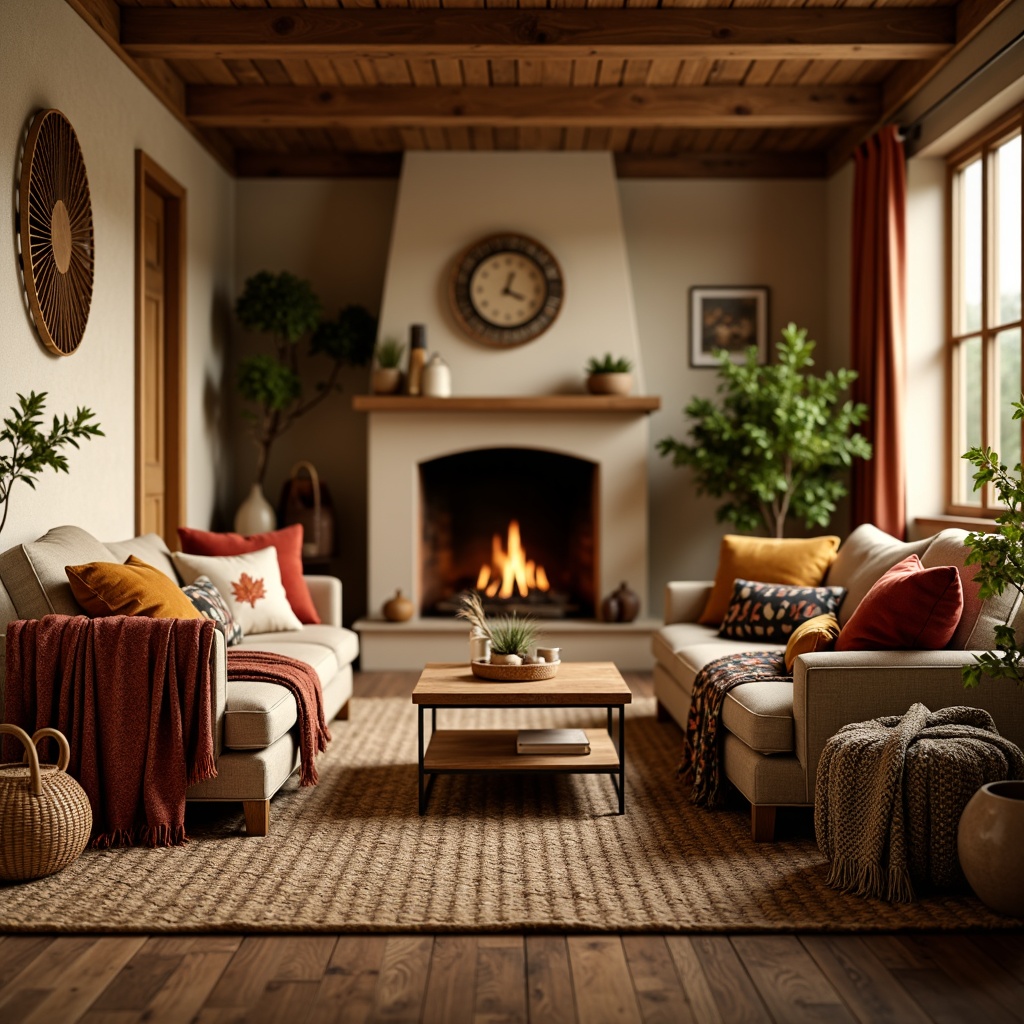 Prompt: Cozy living room, plush throw blankets, woven baskets, natural fiber rugs, warm beige walls, wooden furniture, soft golden lighting, comfortable seating areas, intricate patterned fabrics, vibrant colorful pillows, rich velvet textures, autumnal leaf-inspired motifs, earthy tone color palette, rustic wood accents, crackling fireplace, inviting atmosphere, shallow depth of field, 1/1 composition, realistic fabric rendering.