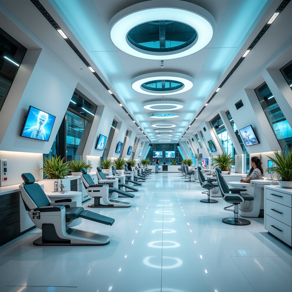 Prompt: Futuristic dental clinic, sleek metal walls, glossy white floors, minimalist decor, curved lines, angular shapes, neon blue accents, ambient LED lighting, holographic displays, virtual reality zones, automated reception desks, self-service kiosks, futuristic dental chairs, robotic assistants, advanced diagnostic equipment, sterilization rooms, private consultation areas, soundproofed operatories, ergonomic waiting lounges, calming aqua-blue hues, soft futuristic music, shallow depth of field, 3/4 composition, panoramic view, realistic textures, ambient occlusion.