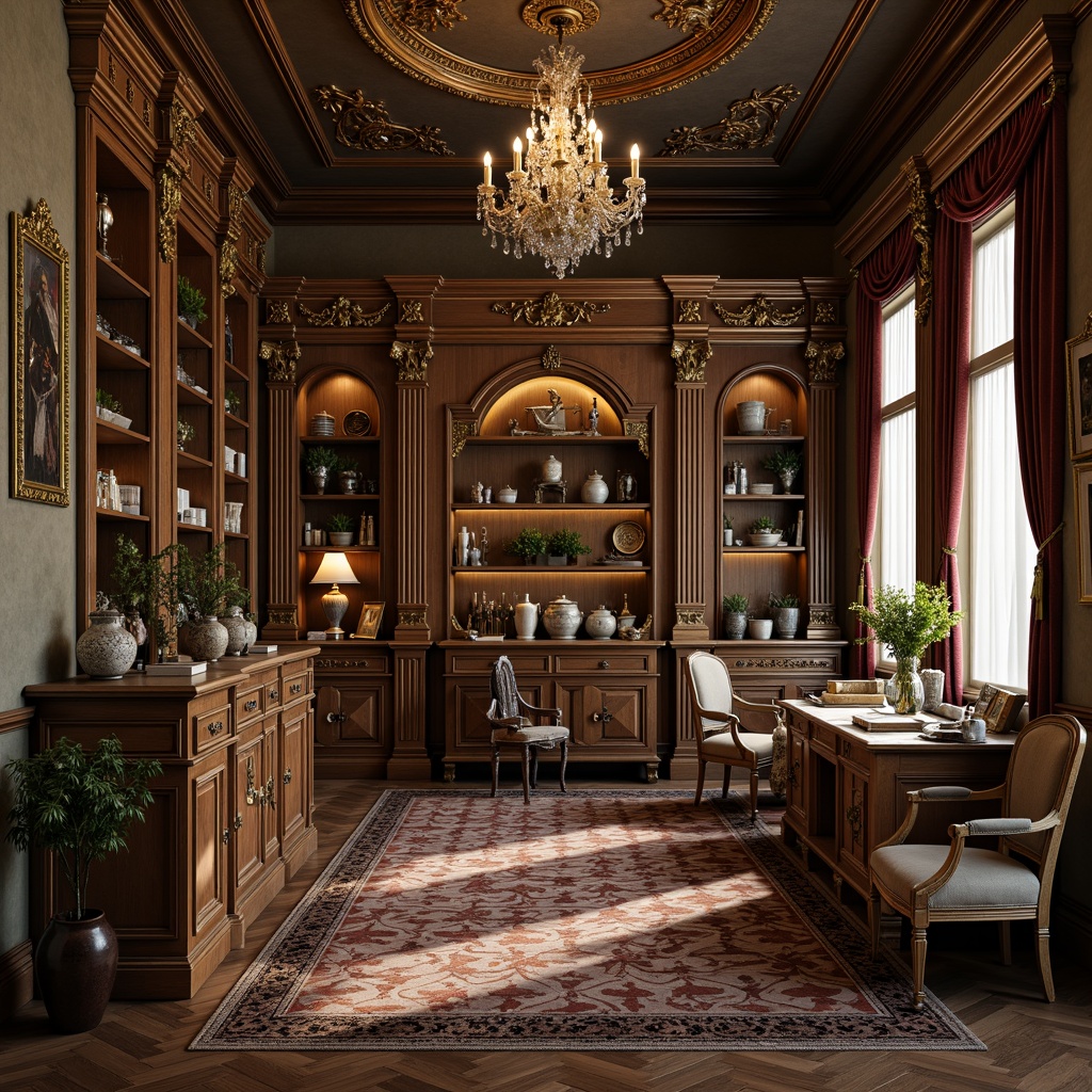 Prompt: Ornate storage room, lavish furnishings, Rococo-style cabinetry, intricate carvings, gilded accents, ornamental mirrors, patterned flooring, geometric parquet, herringbone wood, distressed finishes, rich textiles, velvet drapes, crystal chandeliers, soft warm lighting, atmospheric shadows, 1/1 composition, realistic reflections, subtle ambient occlusion.