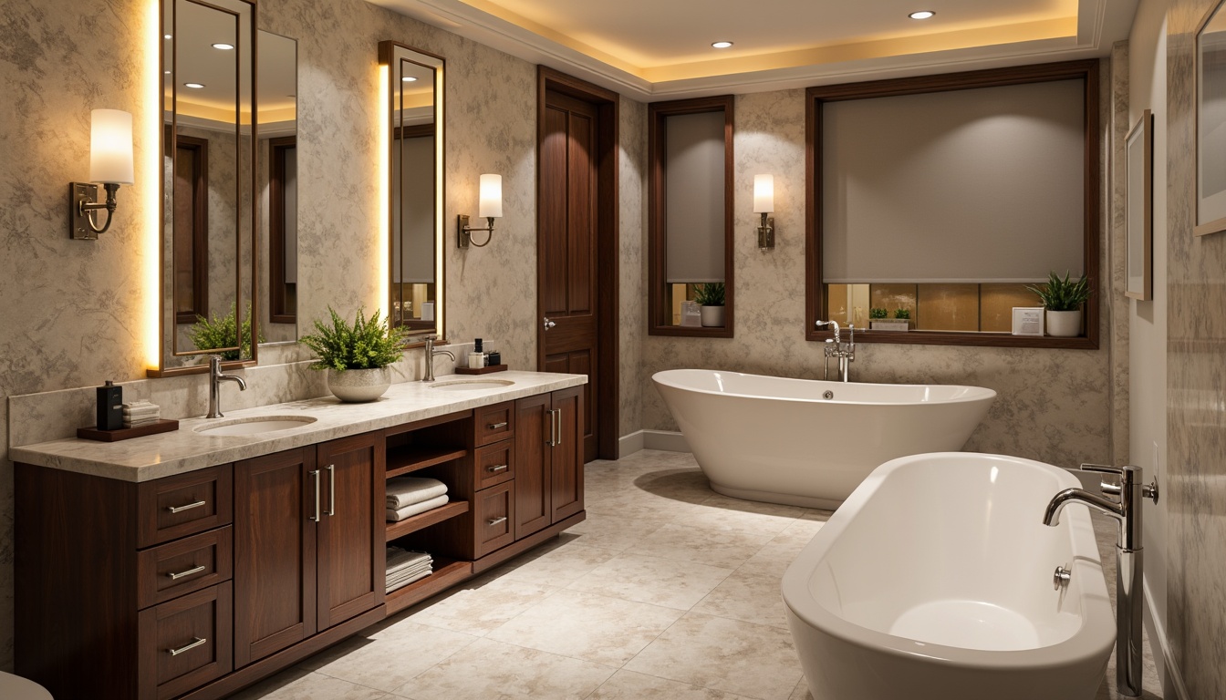 Prompt: Elegant vanity unit, ornate mirrors, LED lighting strips, marble countertops, freestanding tubs, polished chrome fixtures, academic-inspired color scheme, rich wood cabinetry, soft-close drawers, luxurious floor tiles, modern sconce lights, warm neutral tones, spa-like ambiance, shallow depth of field, 1/1 composition, realistic textures, ambient occlusion.