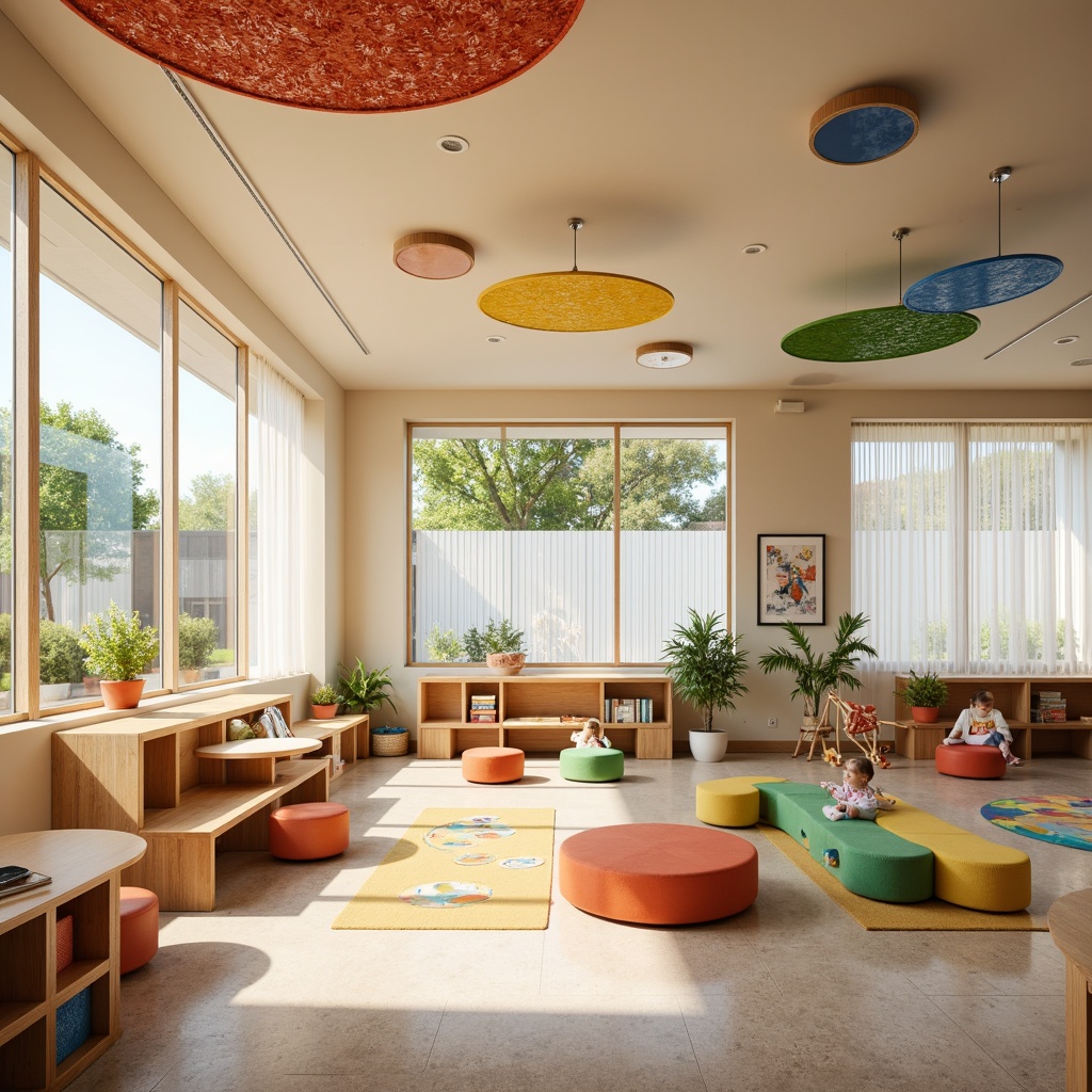 Prompt: Vibrant kindergarten classroom, streamline modern interior design, suspended circular light fixtures, colorful pendant lamps, natural wood accents, soft pastel colors, rounded edges, minimalist furniture, cozy reading nooks, educational wall art, interactive play areas, warm beige flooring, abundant natural light, floor-to-ceiling windows, sheer curtains, playful patterned rugs, circular tables, ergonomic chairs, gentle overhead lighting, 1/2 composition, shallow depth of field, realistic textures.