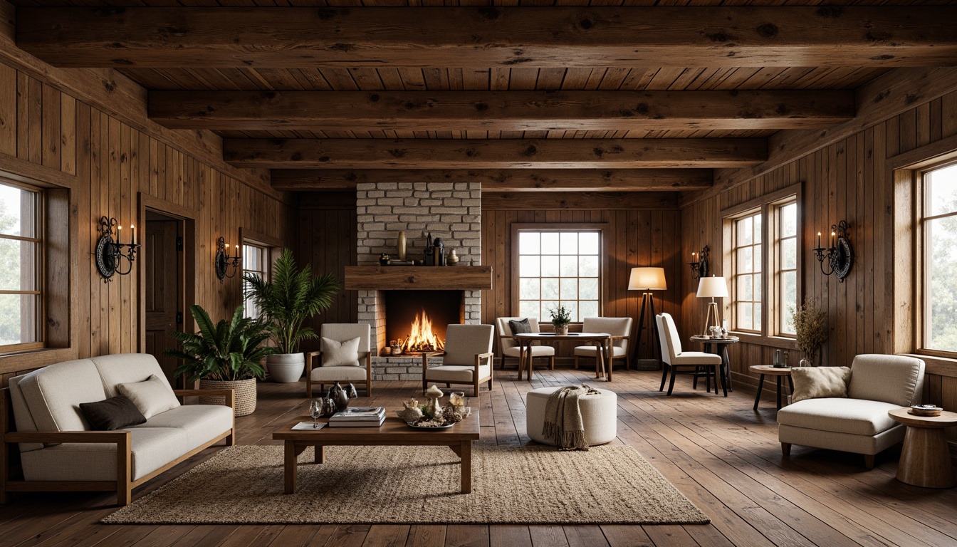 Prompt: Rustic countryside residence, wooden accents, distressed finishes, earthy tones, natural stone walls, reclaimed wood floors, vintage metal decorations, woven textiles, plush area rugs, cozy fireplaces, warm ambient lighting, shallow depth of field, 1/2 composition, soft focus effect, realistic wood grain textures, subtle color grading, atmospheric mist.